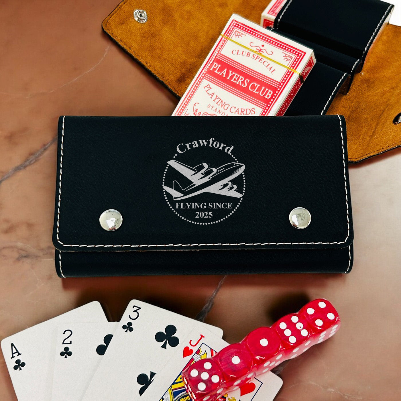 Aviator Pilot Personalized Leather Travel Case with Playing Cards and Dice Set