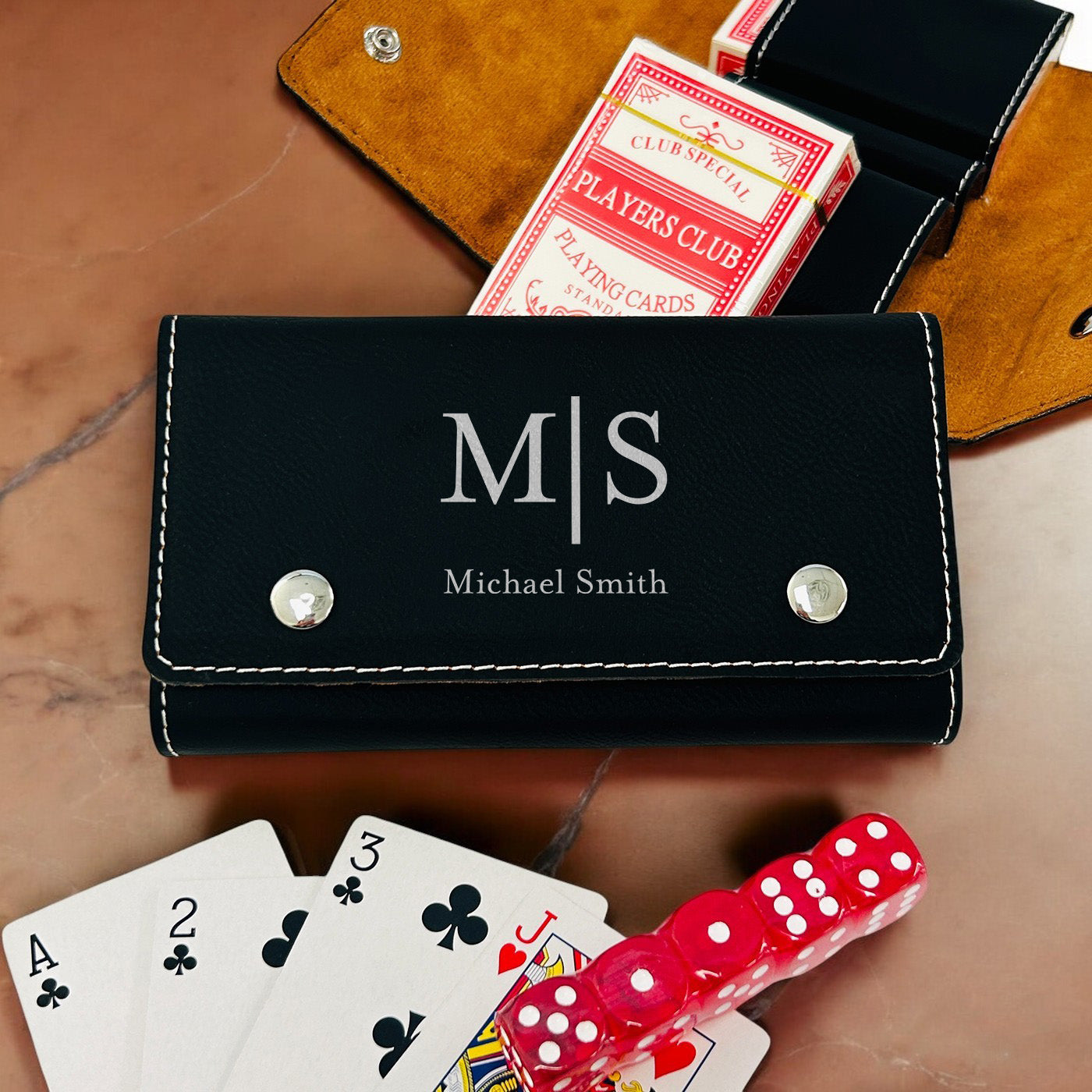 Monogram Personalized Leather Travel Case with Playing Cards and Dice Set