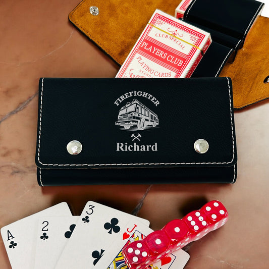 Firefighter Personalized Leather Travel Case with Playing Cards and Dice Set