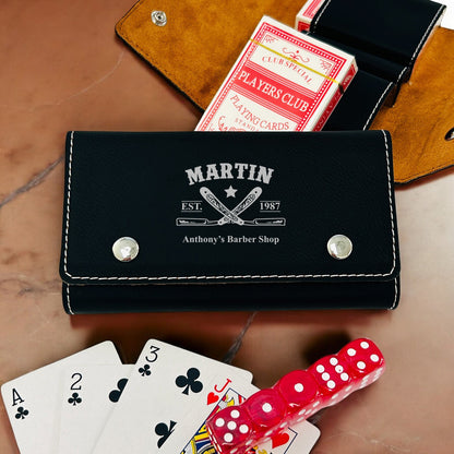 Barber Personalized Leather Travel Case with Playing Cards and Dice Set