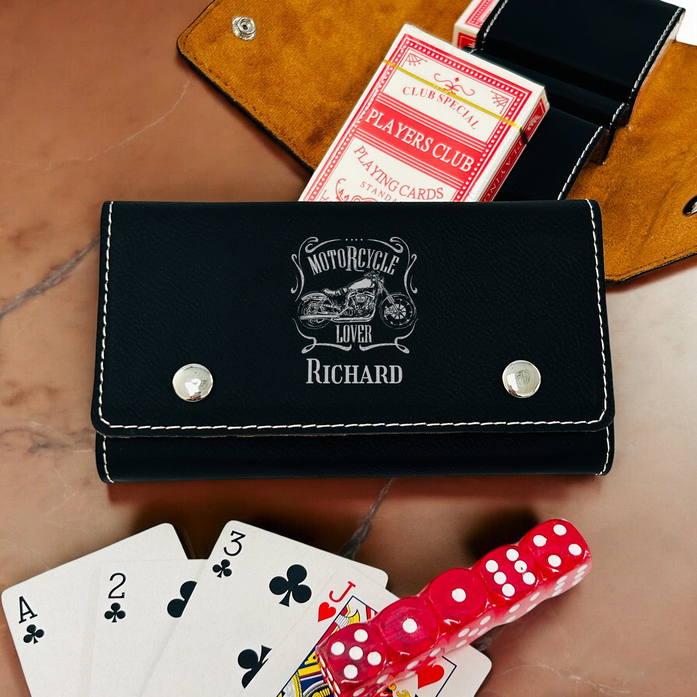 Motorcycle Rider Personalized Leather Travel Case with Playing Cards and Dice Set