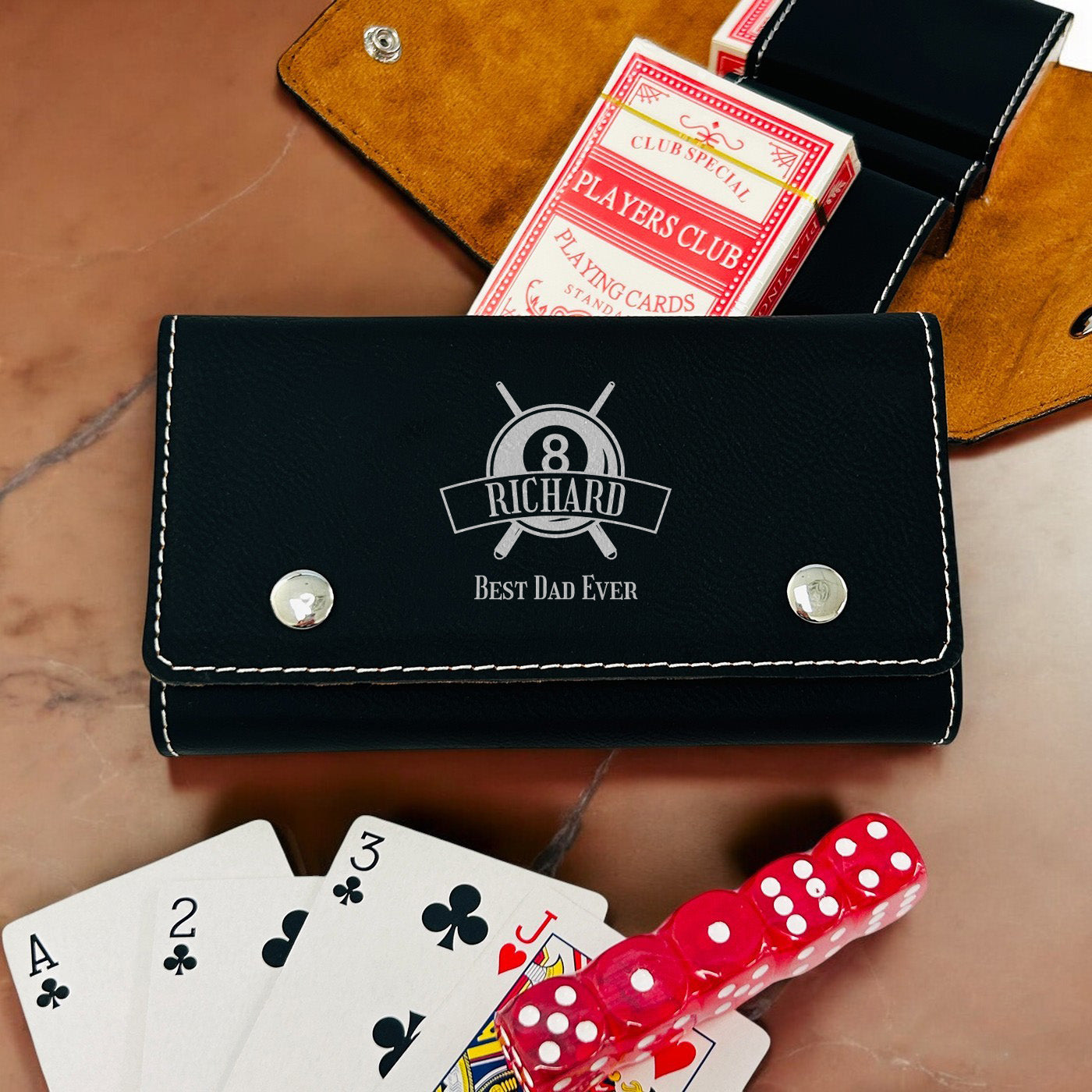Pool Billiard Eight-Ball Personalized Leather Travel Case with Playing Cards and Dice Set