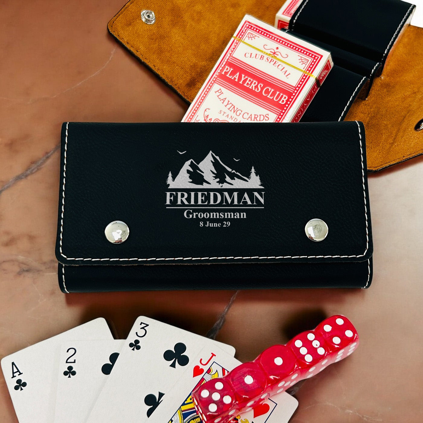 Groomsmen Personalized Leather Travel Case with Playing Cards and Dice Set