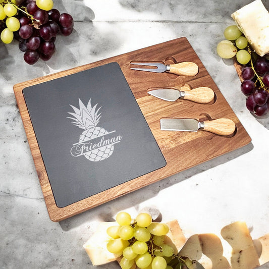 Pineapple Personalized Slate & Wood Cheese Board