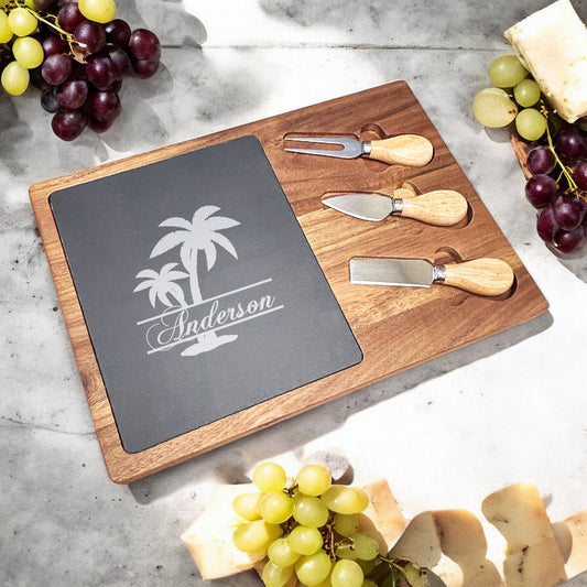Palm Tree Personalized Slate & Wood Cheese Board