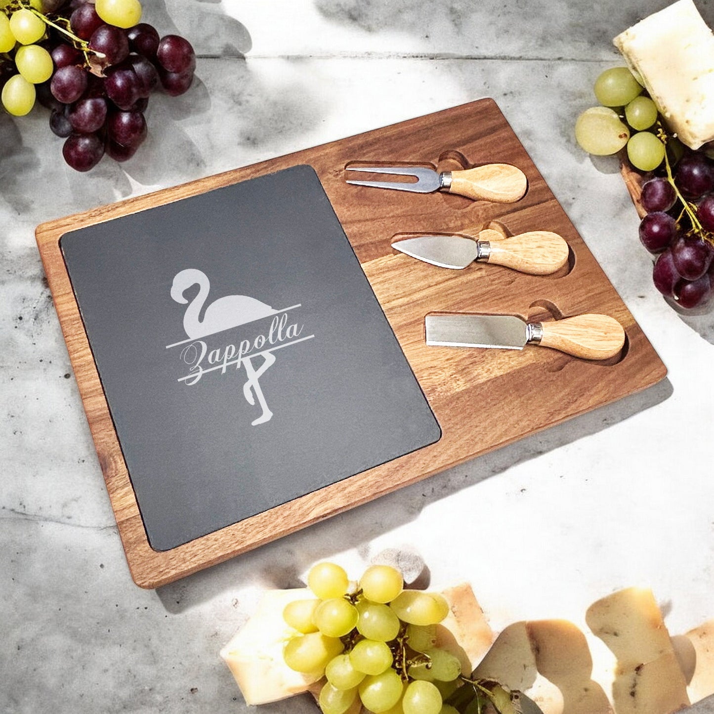 Flamingo Personalized Slate & Wood Cheese Board