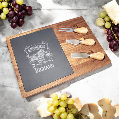 Motorcycle Rider Personalized Slate & Wood Cheese Board