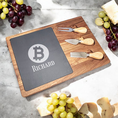 Bitcoin Crypto Personalized Slate & Wood Cheese Board