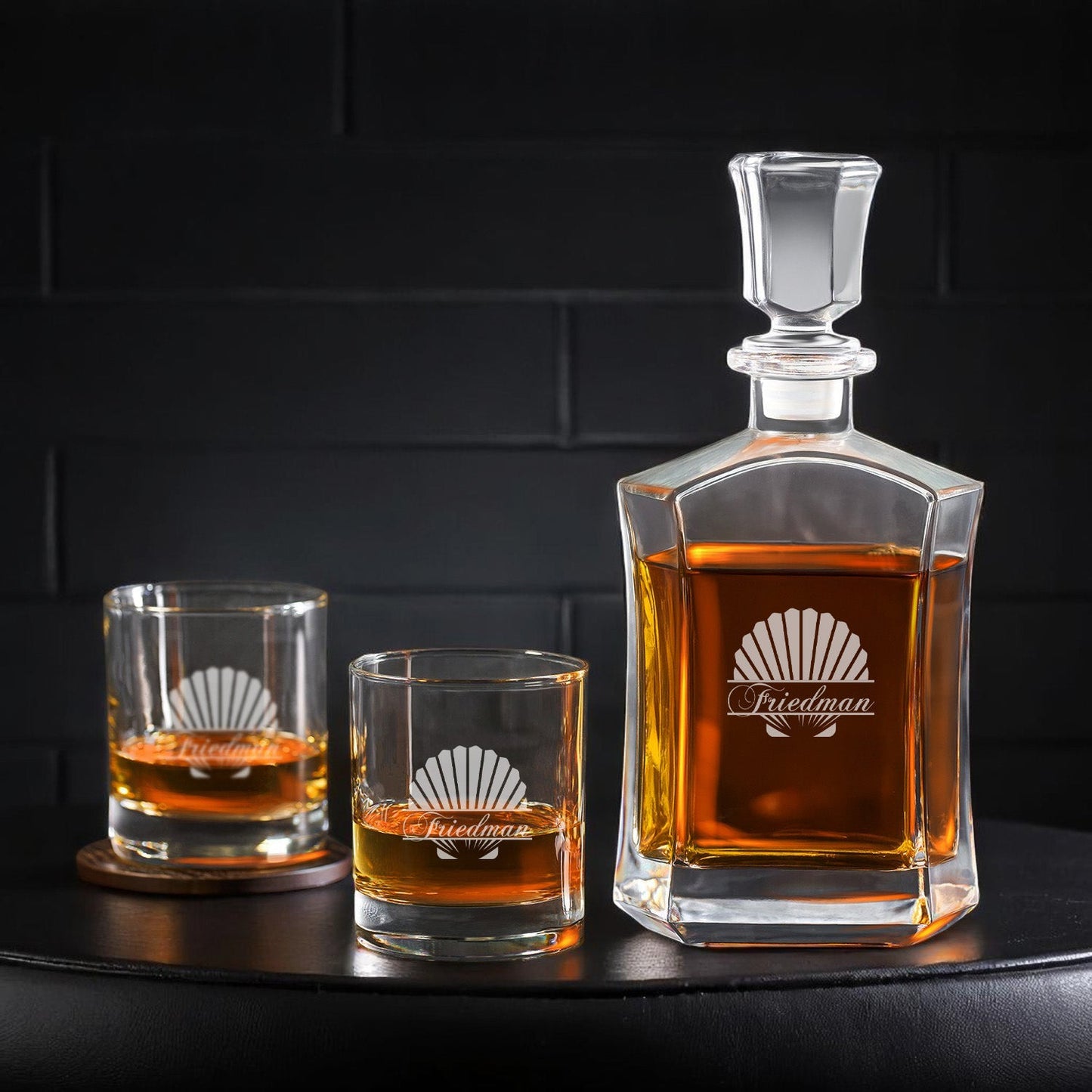 Seashell Personalized Whiskey Decanter with Whiskey Rocks Glasses Set - 3pc