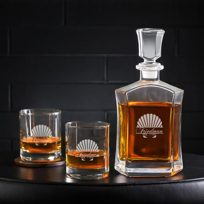 Seashell Personalized Whiskey Decanter with Whiskey Rocks Glasses Set - 3pc
