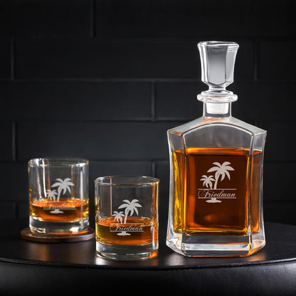 Palm Tree Personalized Whiskey Decanter with Whiskey Rocks Glasses Set - 3pc