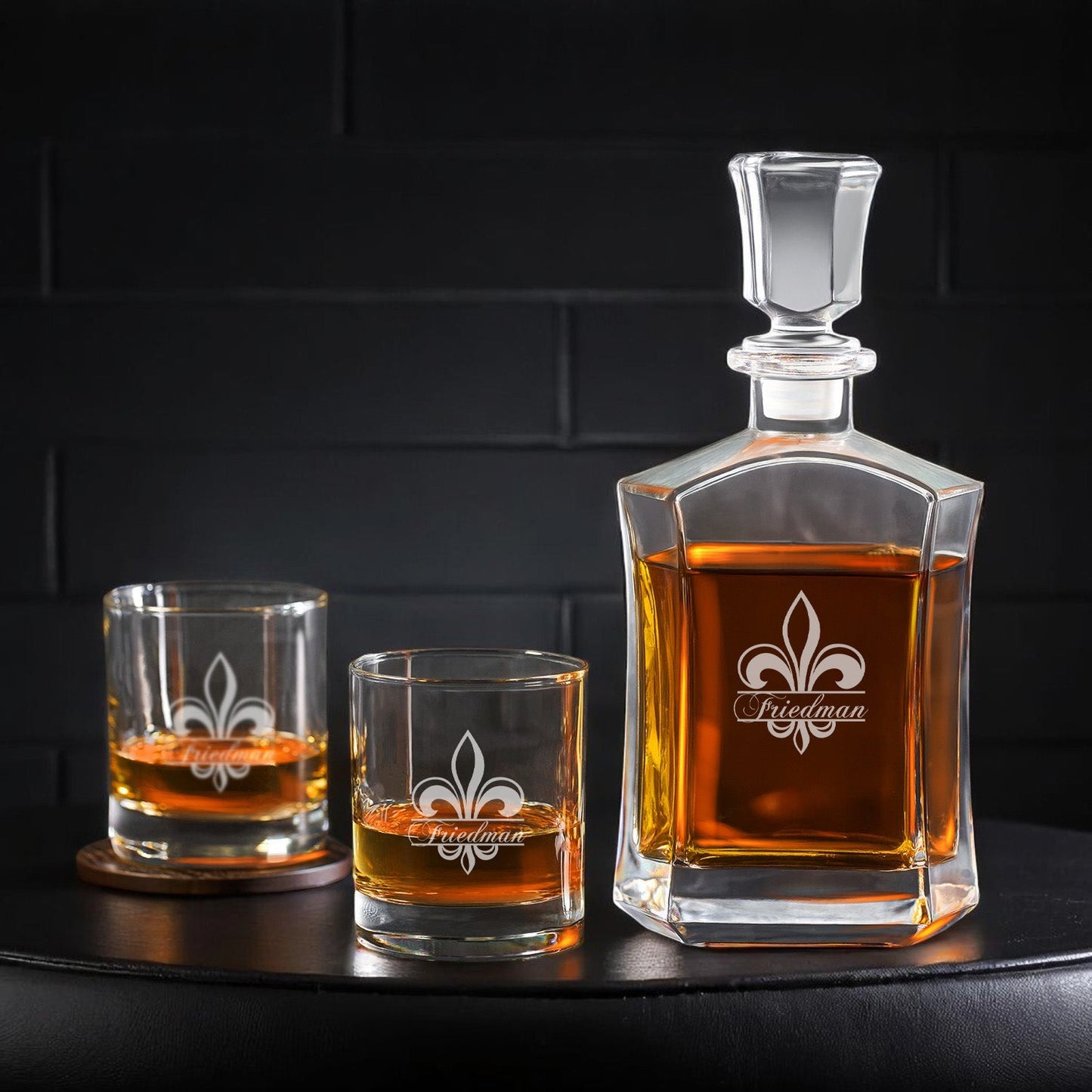 Fleur De Lis Personalized Whiskey Decanter with Whiskey Rocks Glasses Set - 3pc