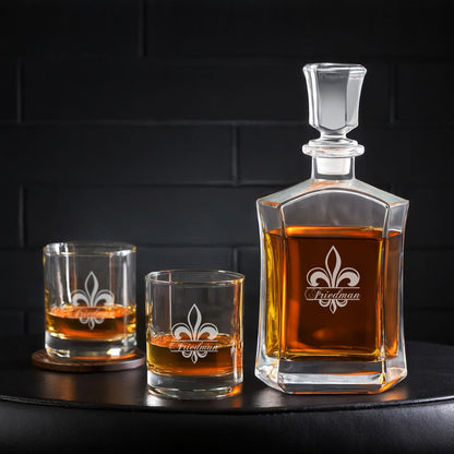 Fleur De Lis Personalized Whiskey Decanter with Whiskey Rocks Glasses Set - 3pc