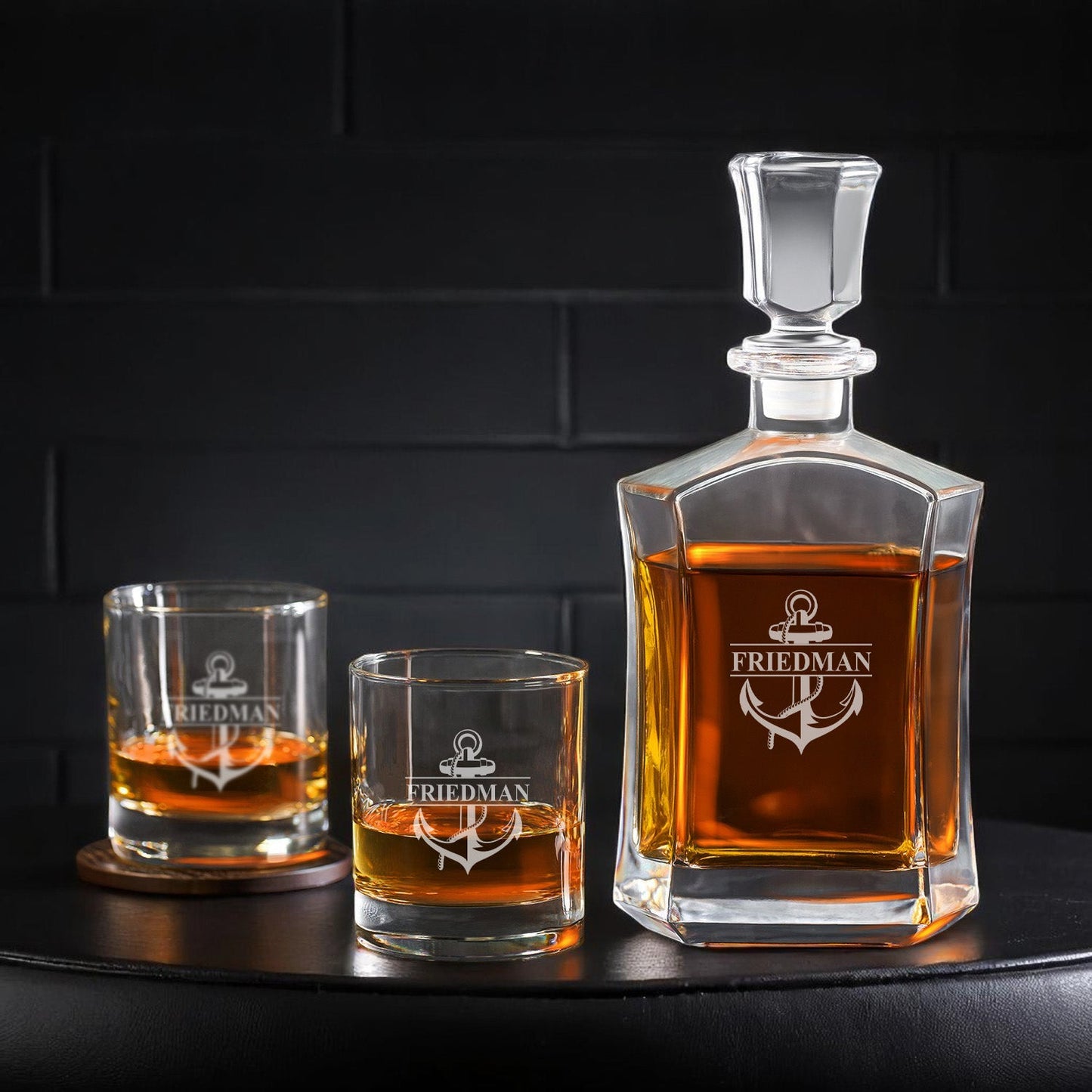 Anchor Personalized Whiskey Decanter with Whiskey Rocks Glasses Set - 3pc