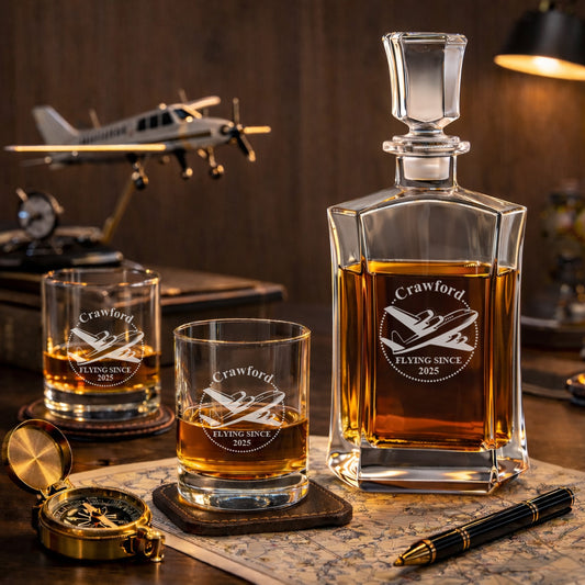 Aviator Pilot Personalized Whiskey Decanter with Whiskey Rocks Glasses Set - 3pc