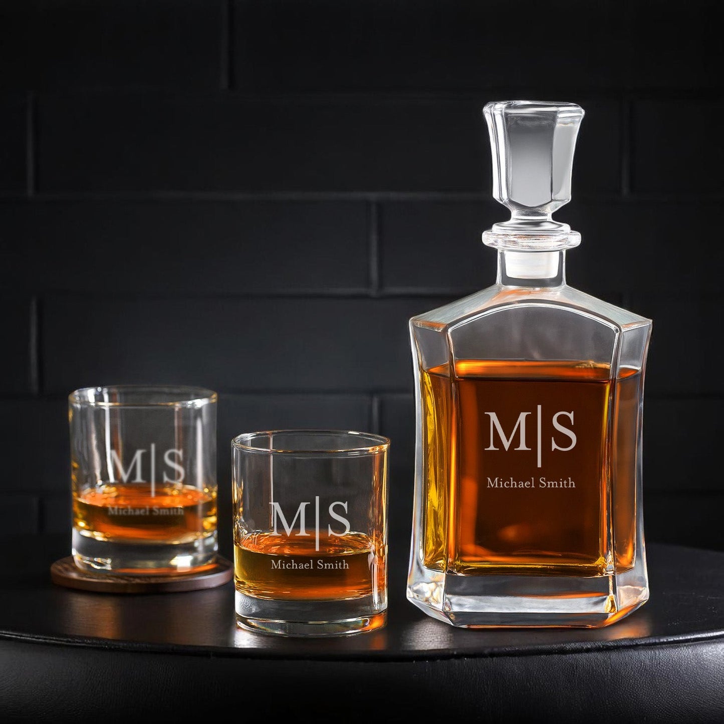 Monogram Personalized Whiskey Decanter with Whiskey Rocks Glasses Set - 3pc