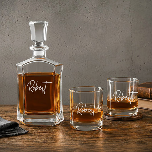 Signature Collection Personalized Whiskey Decanter with Whiskey Rocks Glasses Set - 3pc
