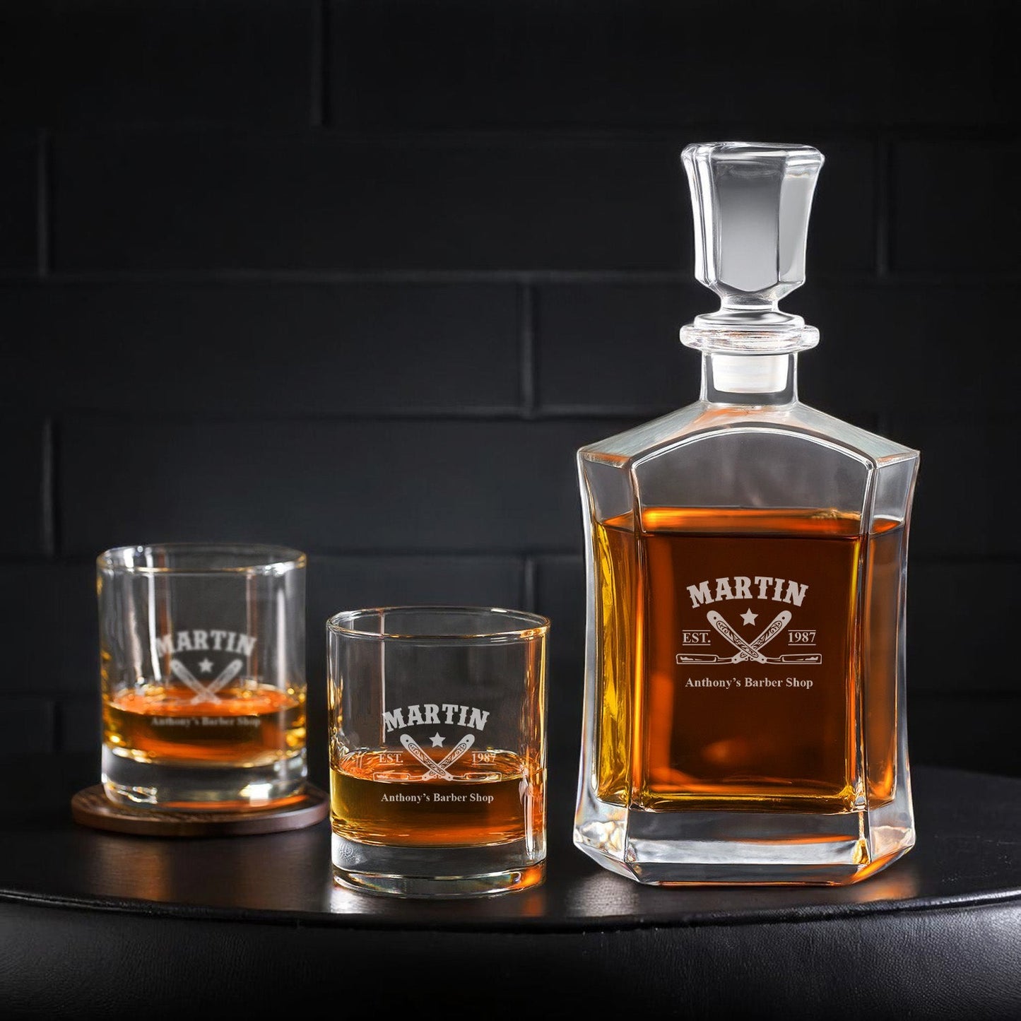 Barber Personalized Whiskey Decanter with Whiskey Rocks Glasses Set - 3pc