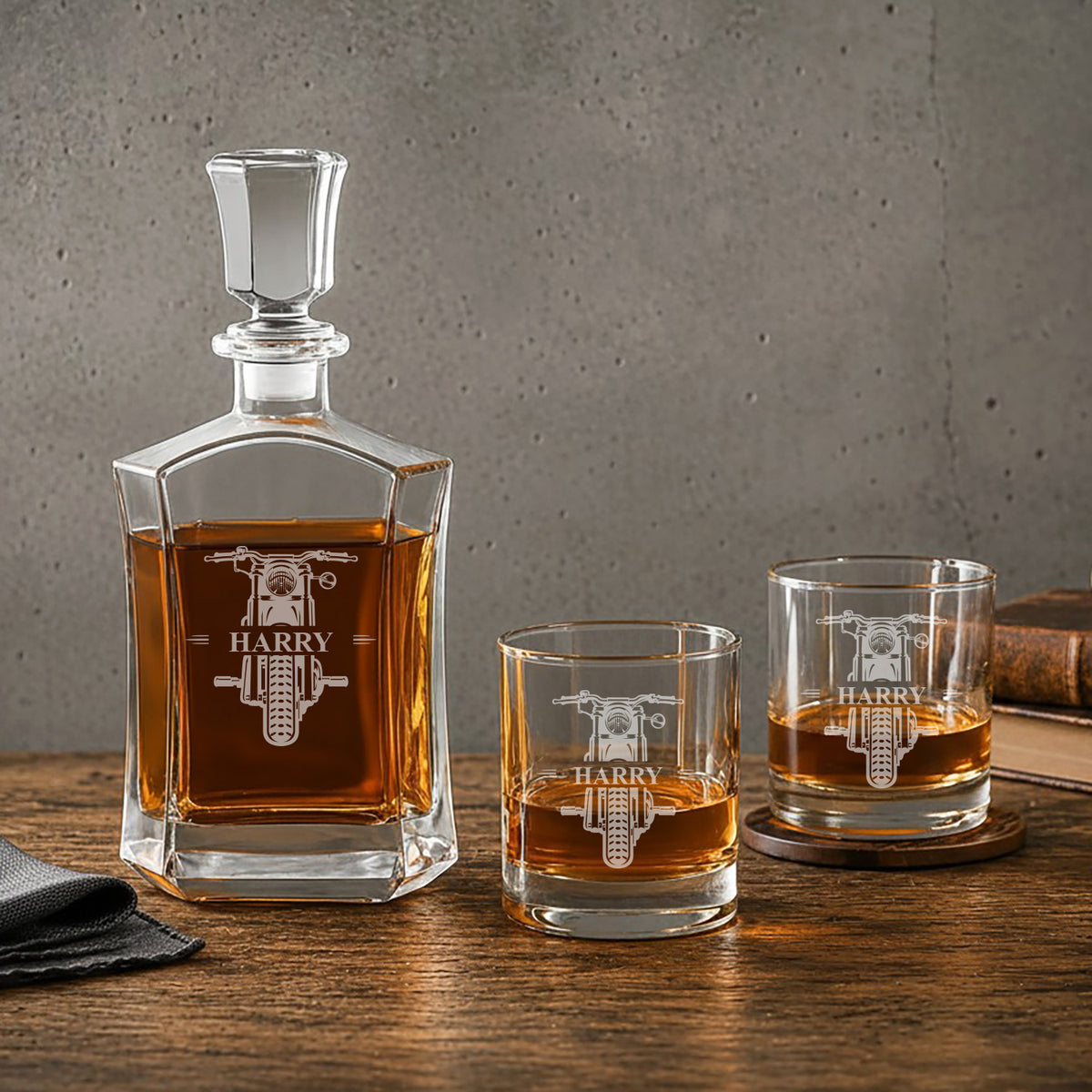 Motorcycle Rider Personalized Whiskey Decanter with Whiskey Rocks Glasses Set - 3pc