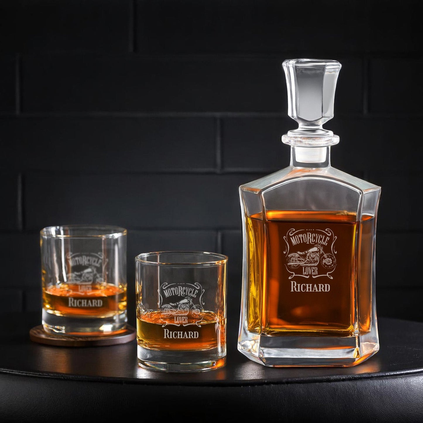 Motorcycle Rider Personalized Whiskey Decanter with Whiskey Rocks Glasses Set - 3pc