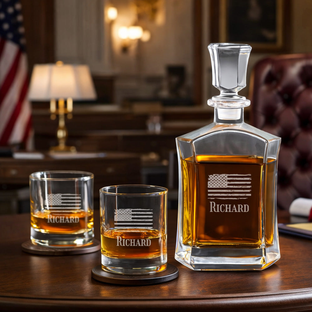 Patriotic Military Personalized Whiskey Decanter with Whiskey Rocks Glasses Set - 3pc