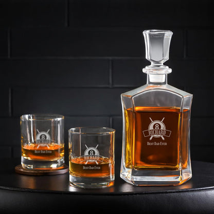 Pool Billiard Eight-Ball Personalized Whiskey Decanter with Whiskey Rocks Glasses Set - 3pc