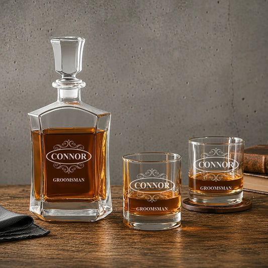 Groomsmen Personalized Whiskey Decanter with Whiskey Rocks Glasses Set - 3pc