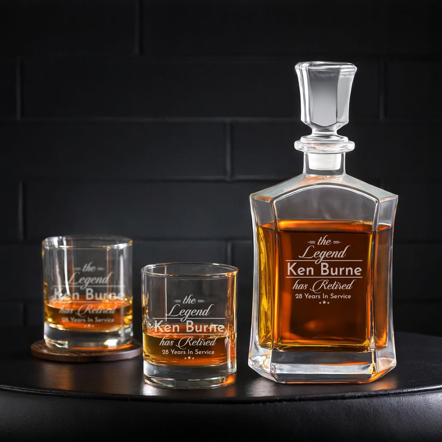 The Legend Has Retired Personalized Whiskey Decanter with Whiskey Rocks Glasses Set - 3pc