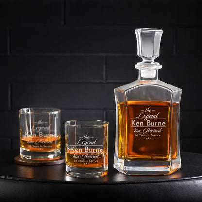 The Legend Has Retired Personalized Whiskey Decanter with Whiskey Rocks Glasses Set - 3pc