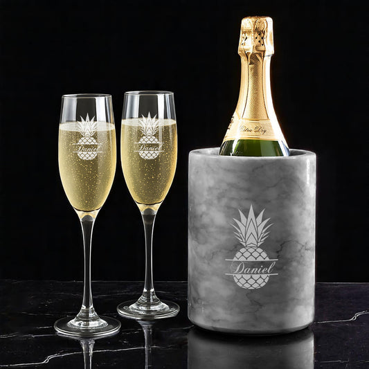 Pineapple Engraved Champagne Glasses with Marble Bottle Chiller Set