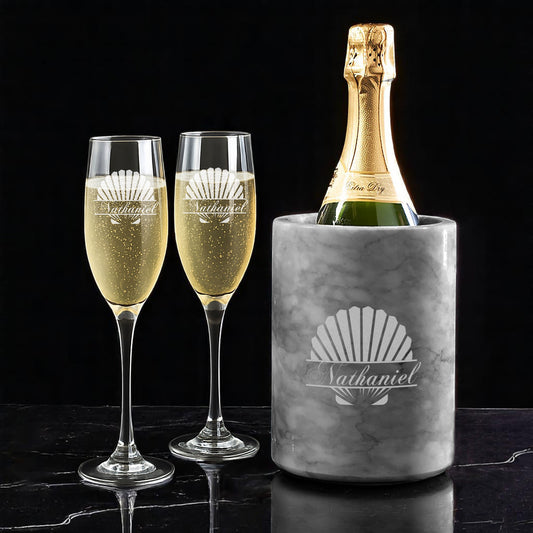 Seashell Engraved Champagne Glasses with Marble Bottle Chiller Set