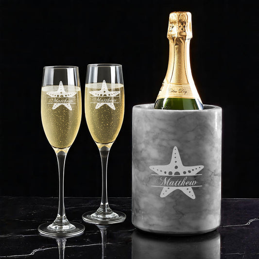 Starfish Engraved Champagne Glasses with Marble Bottle Chiller Set