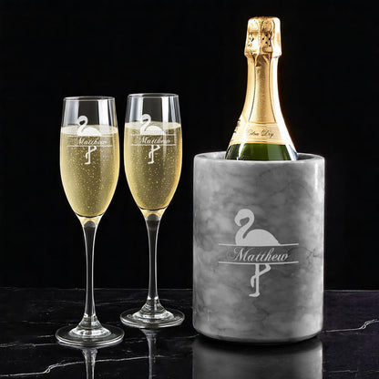 Flamingo Engraved Champagne Glasses with Marble Bottle Chiller Set