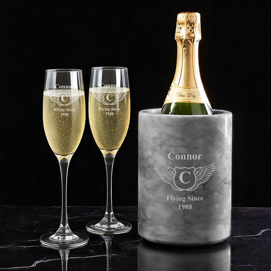 Aviator Pilot Engraved Champagne Glasses with Marble Bottle Chiller Set