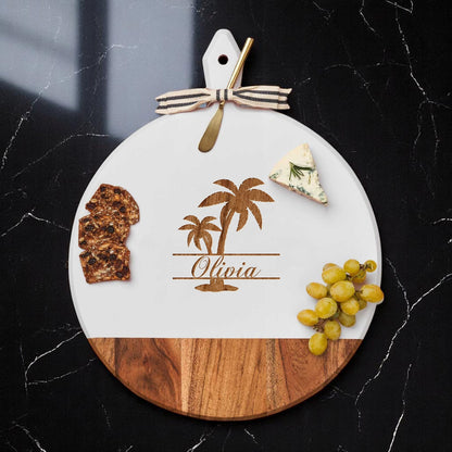 Palm Tree Personalized Round Charcuterie Board with Spreader