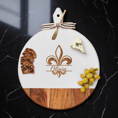 Fleur De Lis Personalized Round Charcuterie Board with Spreader