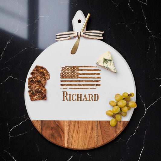 Patriotic Military Personalized Round Charcuterie Board with Spreader