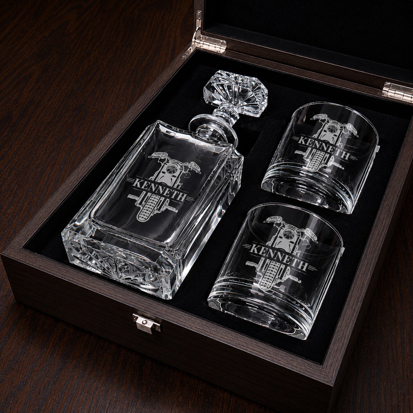 Motorcycle Rider Personalized Classic Whiskey Decanter with Glasses Gift Set