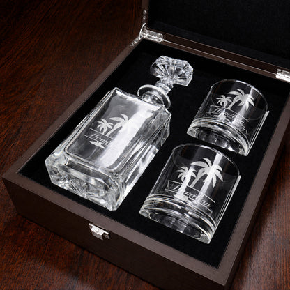 Palm Tree Personalized Classic Whiskey Decanter with Glasses Gift Set