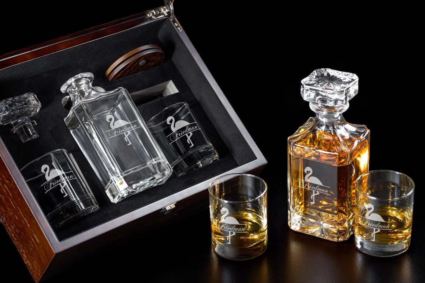 Flamingo Personalized Classic Whiskey Decanter with Whiskey Glasses