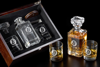 Bitcoin Crypto Personalized Classic Whiskey Decanter with Glasses Gift Set