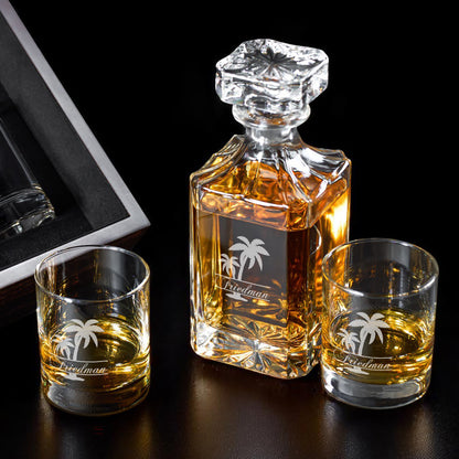 Palm Tree Personalized Classic Whiskey Decanter with Glasses Gift Set