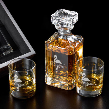 Flamingo Personalized Classic Whiskey Decanter with Whiskey Glasses