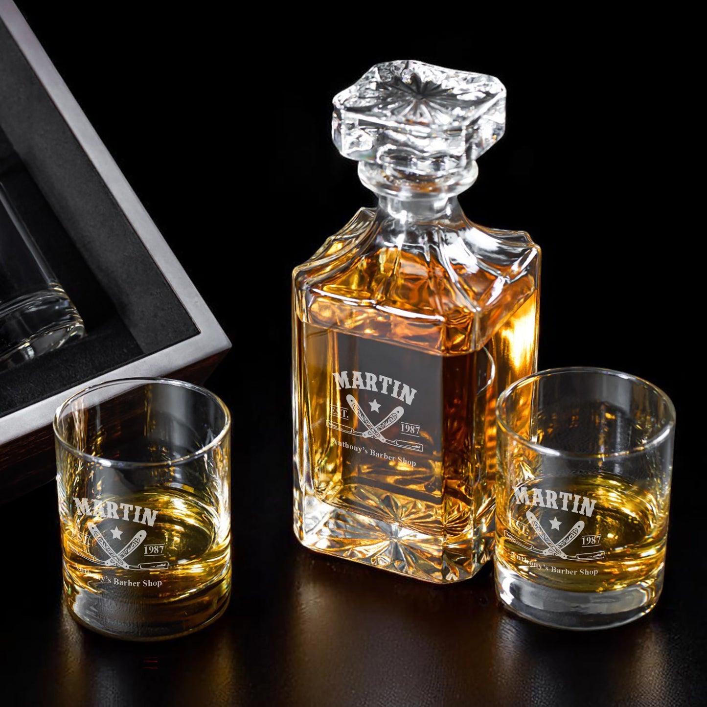 Barber Personalized Classic Whiskey Decanter with Glasses Gift Set