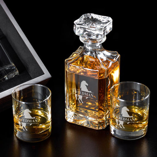 Equestrian Horse Personalized Classic Whiskey Decanter with Glasses Gift Set
