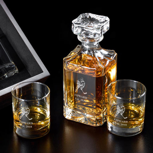 Hockey Personalized Classic Whiskey Decanter with Glasses Gift Set