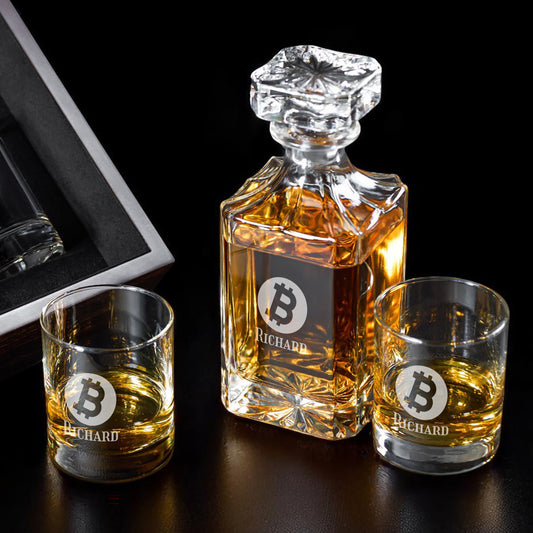 Bitcoin Crypto Personalized Classic Whiskey Decanter with Glasses Gift Set