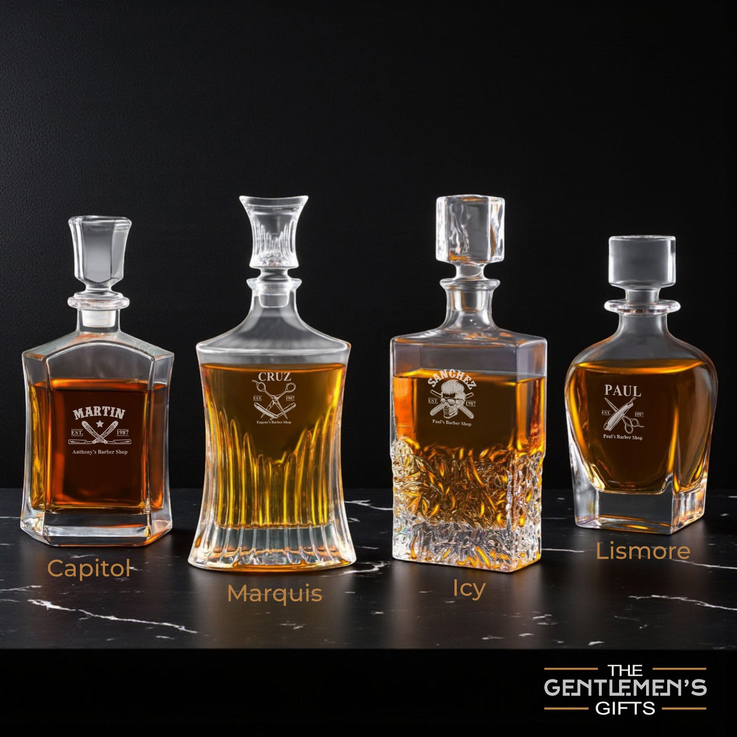 Barber Personalized Whiskey Decanter with Whiskey Rocks Glasses Set - 3pc