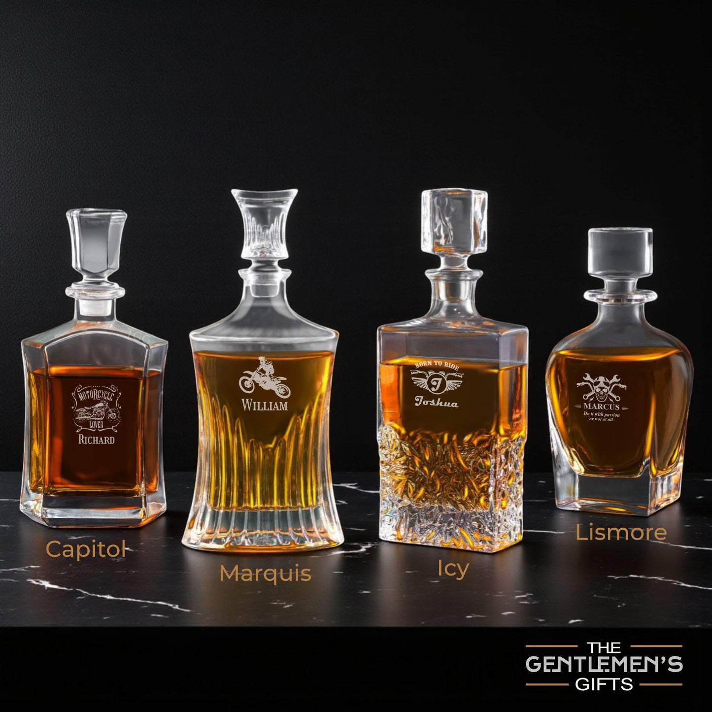 Motorcycle Rider Personalized Whiskey Decanter with Whiskey Rocks Glasses Set - 3pc