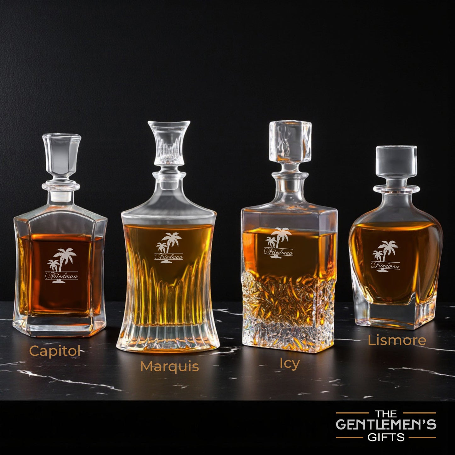 Palm Tree Personalized Whiskey Decanter with Whiskey Rocks Glasses Set - 3pc